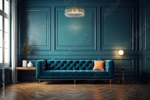cozy living room with a blue couch and elegant chandelier. Generative AI © AkuAku
