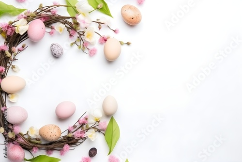 White background with easter composition, easter eggs with flowers and chocolate, spring holiday invitation background