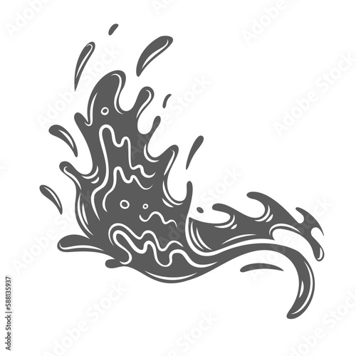 Water splash glyph icon vector illustration. Stamp of curve liquid stream with drops and swirl, fresh ocean or sea wave dynamic plash with droplets, falling fizzy soda and energy drink splash