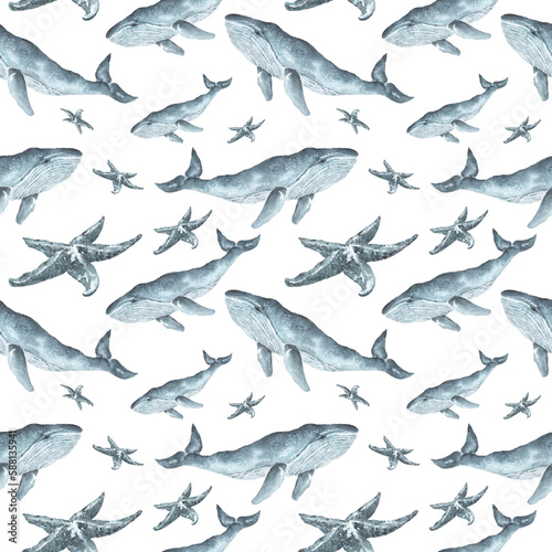 Whales  starfish watercolor seamless pattern. Blue  Scandinavian   Nautical  Maritime. White background. For printing on wrapping paper  postcards  textiles and for other purposes.