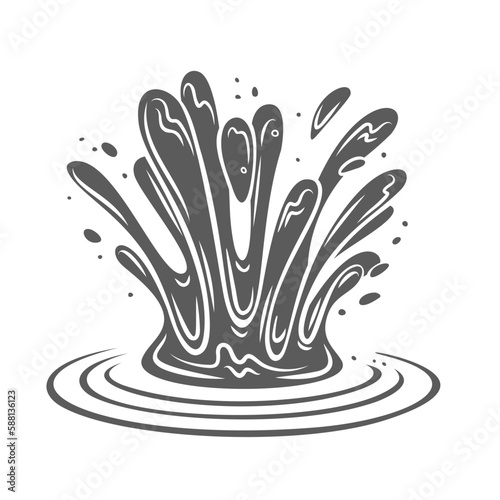 Falling drop with crown of splashes glyph icon vector illustration. Stamp of liquid droplets fall with burst effect and flying fresh waterdrops, ripples of circle shape and splashing water drips