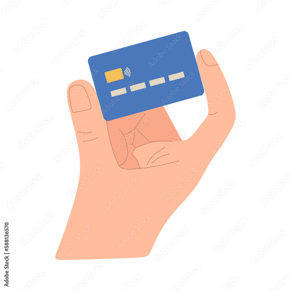 A hand holding a debit or credit card. Plastic bank card in hand. financial concept. Flat vector illustration A hand holding a debit or credit card. Plastic bank card in hand. financial concept. Flat vector illustration