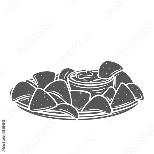 Nachos glyph icon vector illustration. Stamp of tortilla chips and bowl with salsa or guacamole dip on plate, fast food snack and appetizer from Mexican restaurant menu, traditional triangle nachos