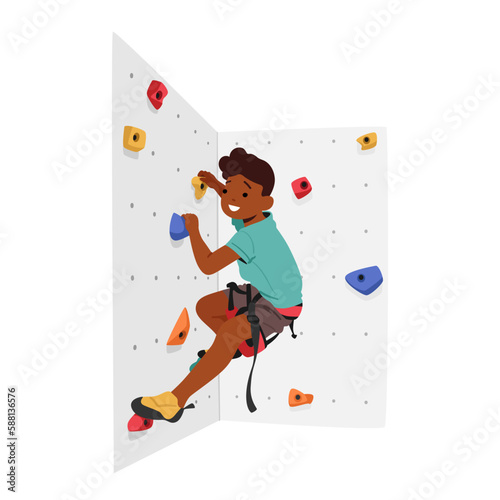 Child Conquering A Climbing Wall With Determination And Skill, Supported By Ropes And Harnesses Cartoon Illustration