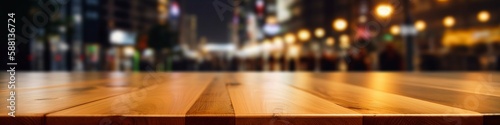 illustration, wooden bar top with blurred night cafe, website headers background, ai generative © Jorge Ferreiro