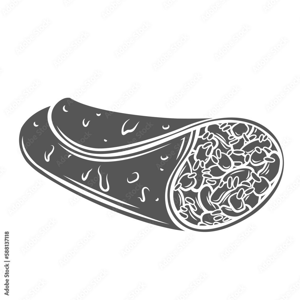 Burrito glyph icon vector illustration. Stamp of Mexican sandwich with shredded chicken meat and spicy sauce, vegetables and cheese in tortilla wrap, burrito from fast food restaurant menu in Mexico