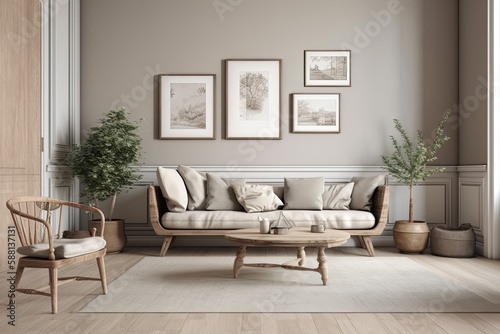 cozy living room with modern furniture and decorative wall art. Generative AI © AkuAku