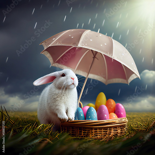 Easter bunny protecting easter eggs with a pink umbrella. Illustration generated by AI photo