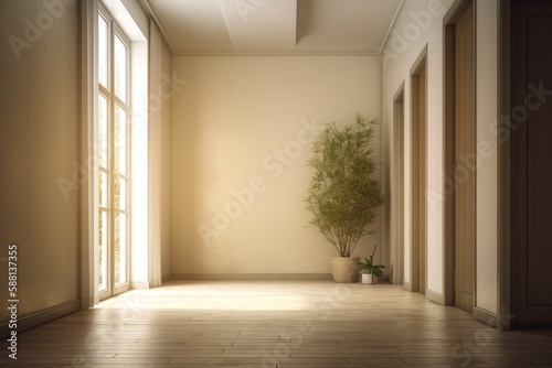 Illustration of an empty hallway with a single potted plant on the floor. Generative AI