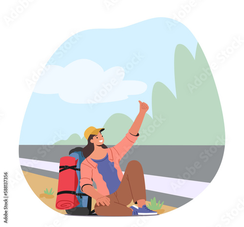 Female Character Hitchhiker Sitting With Backpack By The Roadside With An Extended Thumb, Looking For A Lift