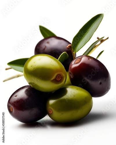 olives with leaves on a white background - created with Generative AI technology 