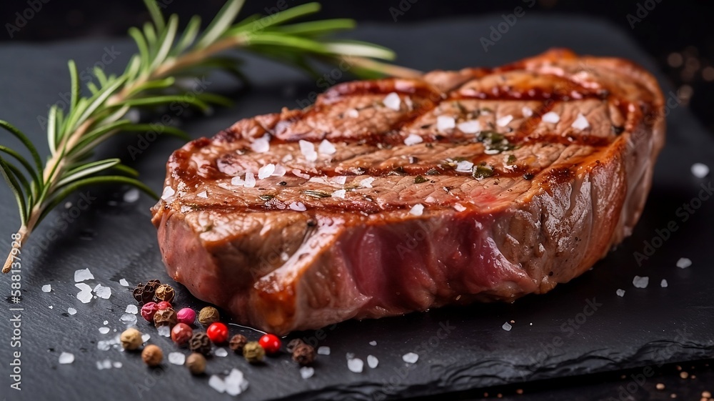 Entrecote Beef Steak On Grill With Rosemary Pepper And Salt. Generative AI Entrecote Beef Steak On Grill With Rosemary Pepper And Salt. Generative AI
