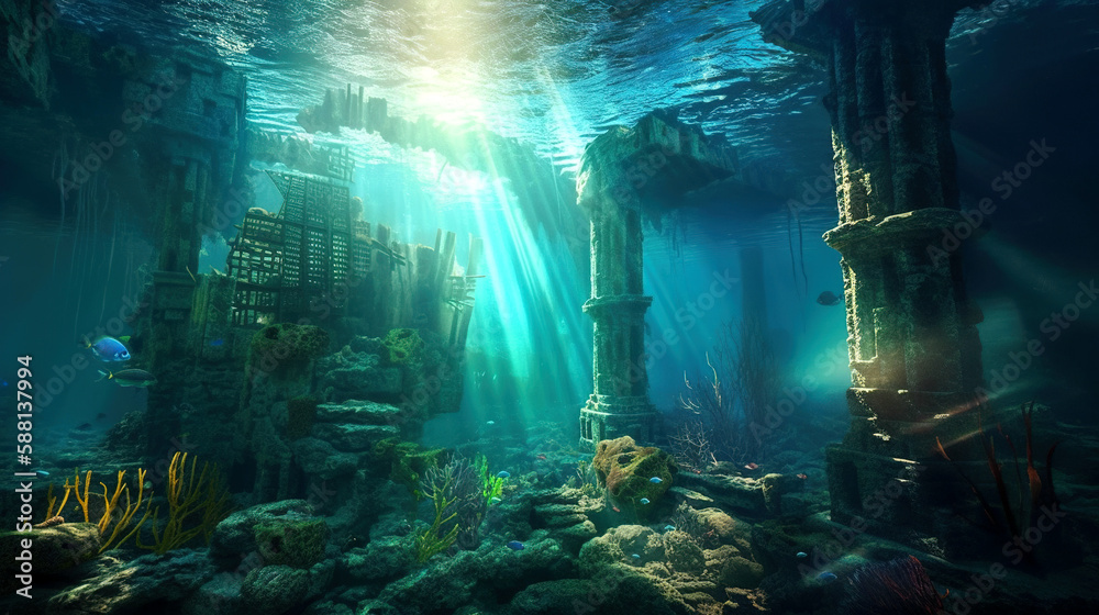 Underwater Ruined City with Sunrays Shining Through, generative ai