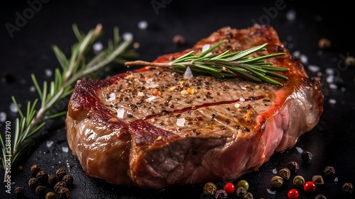 Entrecote Beef Steak On Grill With Rosemary Pepper And Salt. Generative AI