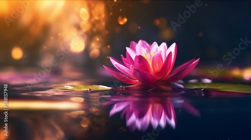 Magic Lotus Flower On Water - Miracle Concept - Waterlilies In Defocused Background. Generative AI