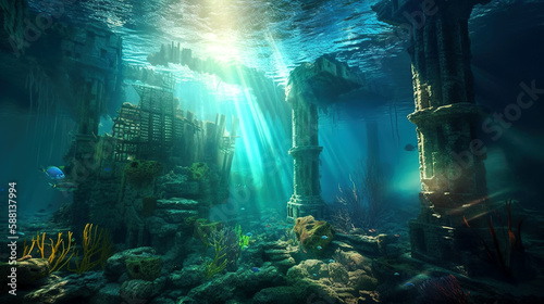 Underwater Ruined City with Sunrays Shining Through  generative ai