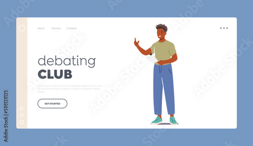 Debating Club Landing Page Template. Student Male Character Standing With Sheet of Paper In Hand Reading or Makes Report