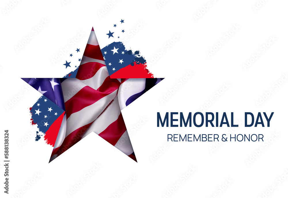 Memorial Day Banner Template with the official flag of the United States of America against a white background. Thanks to all who served.