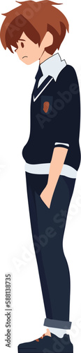 Vector illustration of side view of upset schoolboy with brown hair in uniform standing on white background with hands in pockets thoughtfully