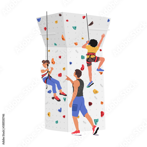 Children Characters Scale A Climbing Wall With Guidance Of Trainer. Excitement And Adventure Of Outdoor Activities