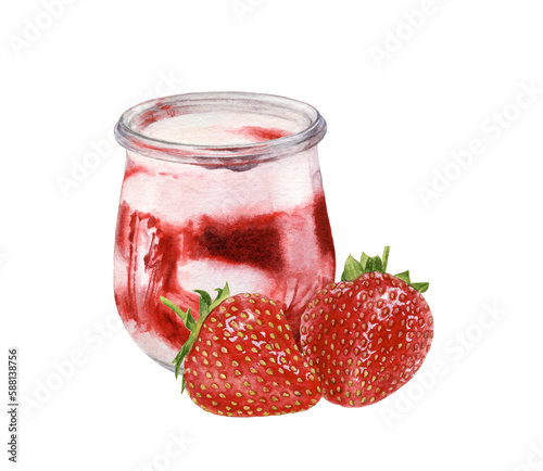 Watercolor illustration of yogurt with strawberry isolated on white background. White chocolate mousse strawberry jam in a glass.