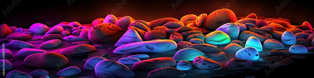 Obraz premium illustration, colored luminescent stones on the beach, website headers, ai generative