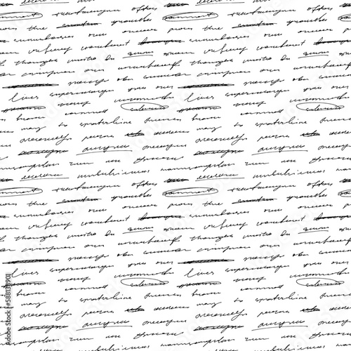 Seamless pattern with abstract handwritten text. Vector cursive lettering. Unreadable text wallpaper. Poetry seamless pattern written by a pen. Monochrome script background with unreadable words.