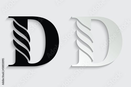 letter D. Black flower alphabet. Beautiful capital letters with shadow