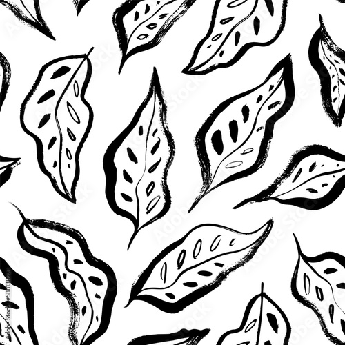 Tropical leaves seamless pattern. Hand drawn vector botanical background. Brush drawn jungle plants, exotic leaves wallpaper. Foliage organic background. Botanical design for print and wallpaper.