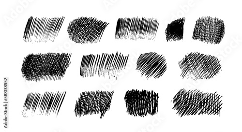 Set of hand drawn pencil strokes. Doodle and sketch style. Collection of pencil cross hatch shapes. Black texture with thin lines. Rectangular shapes with freehand lines. Cross or parallel hatch.