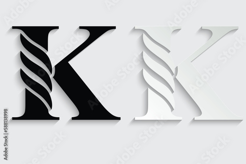letter K. Black flower alphabet. Beautiful capital letters with shadow