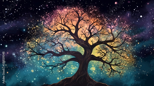 Black Tree with Vibrant Leaves and Starry Galaxy Background, generative ai © Dieter Holstein