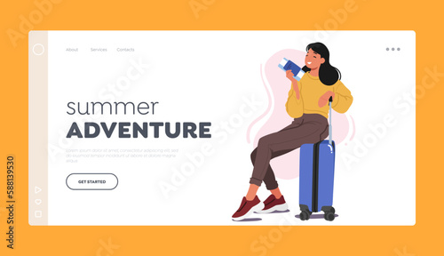 Summer Adventure Landing Page Template. Woman Character With Ticket Sitting On Her Luggage, Ready To Embark On A Journey