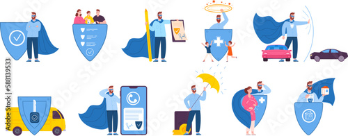 Property health insurance. Family protect coverage insure life car house and financial investment, medical assure accident protection, cash guarantees, splendid vector illustration