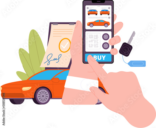 Car dealer online. Digital auto dealership, distant automotive selling insurance leasing, internet sale automobile purchase rent lease