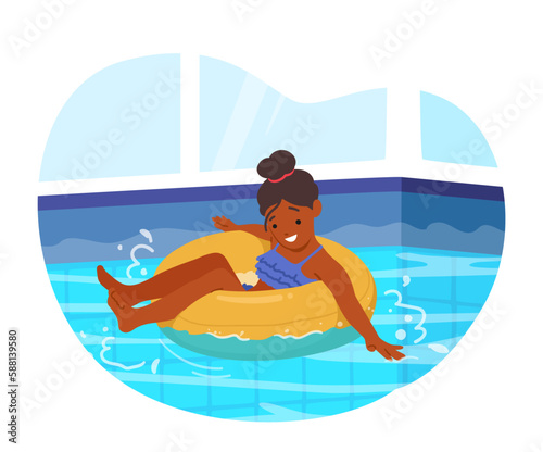 Child Swimming in Pool Float on Inflatable Ring. Little Girl Character Enjoying Cool Water, Scene Promoting Summer Fun