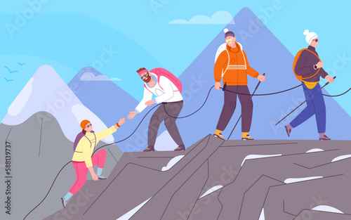 Climbers group. Backpacker team climb to mountain top summit, teamwork helping mountaining expedition risk challenge trekking, hiker lifestyle concept splendid vector illustration