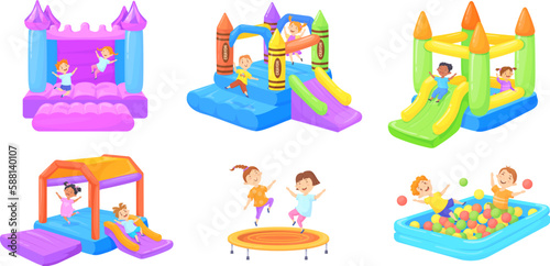Kids inflatable playgrounds. Children play balls in rubber pool, jumping on trampoline bouncy slide outside air castle summer playroom, jump kid event park neat vector illustration
