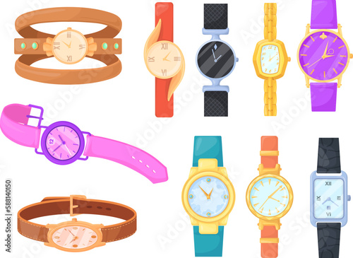 Women wristwatch. Trendy female watches, cartoon watch fashion accessories for womans wrist hand, expensive gold or digital clock on ladies watchs bracelet neat vector illustration