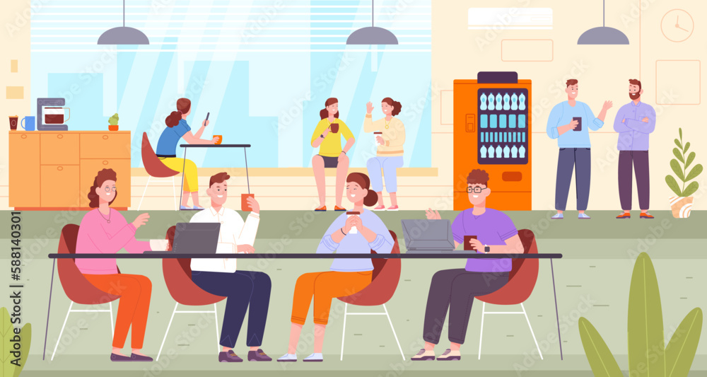 Coworkers coffee break. Gathering employees on office kitchen, staff business lounge space indoor digital agency lunch conversation at beverage machine splendid vector illustration