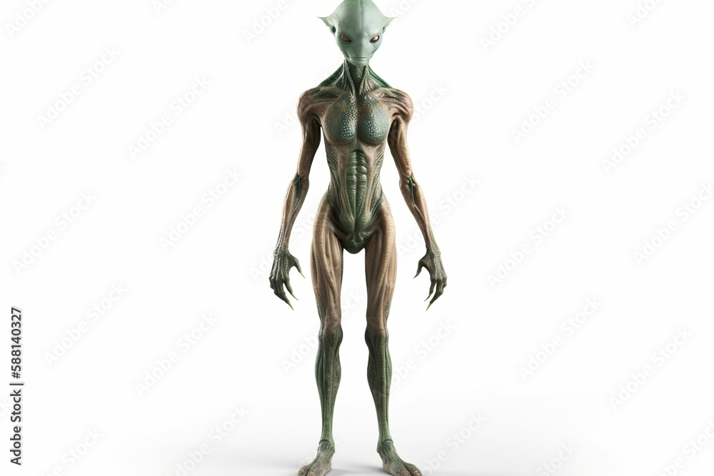Front view, standing green and brown alien on white background, generative ai Front view, standing green and brown alien on white background, generative ai