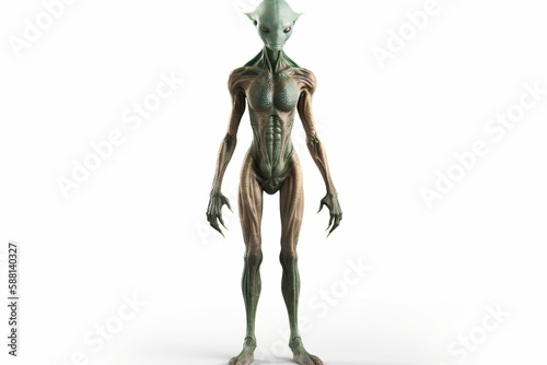 Front view, standing green and brown alien on white background, generative ai