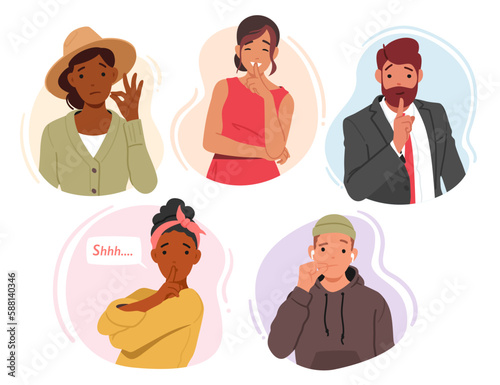 Set of Male and Female Characters Expressing Silence Using Hand Gestures, Such As Placing Finger On Lips
