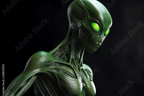 scary green alien monster, black background, generative ai