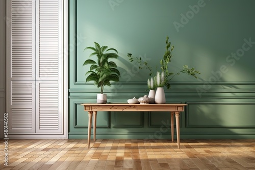 minimalistic room with a table and potted plants as decor. Generative AI