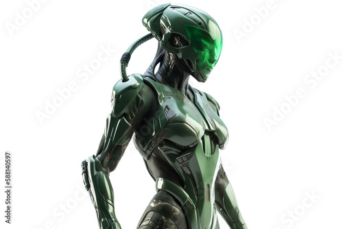 Woman in green alien sci-fi armor on white background, generative ai