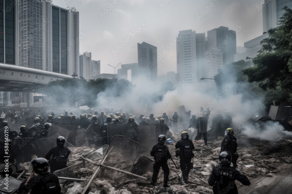 Obraz premium Officers are dressed in riot gear and are using shields and batons to push back the protesters. The scene is chaotic, with smoke and debris filling the air Generative AI 