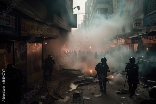 Officers are dressed in riot gear and are using shields and batons to push back the protesters. The scene is chaotic, with smoke and debris filling the air Generative AI 