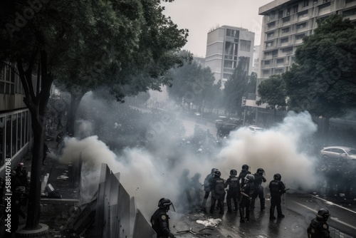 Officers are dressed in riot gear and are using shields and batons to push back the protesters. The scene is chaotic, with smoke and debris filling the air Generative AI 