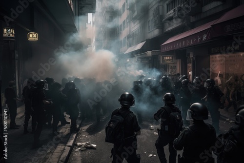 Officers are dressed in riot gear and are using shields and batons to push back the protesters. The scene is chaotic, with smoke and debris filling the air Generative AI 